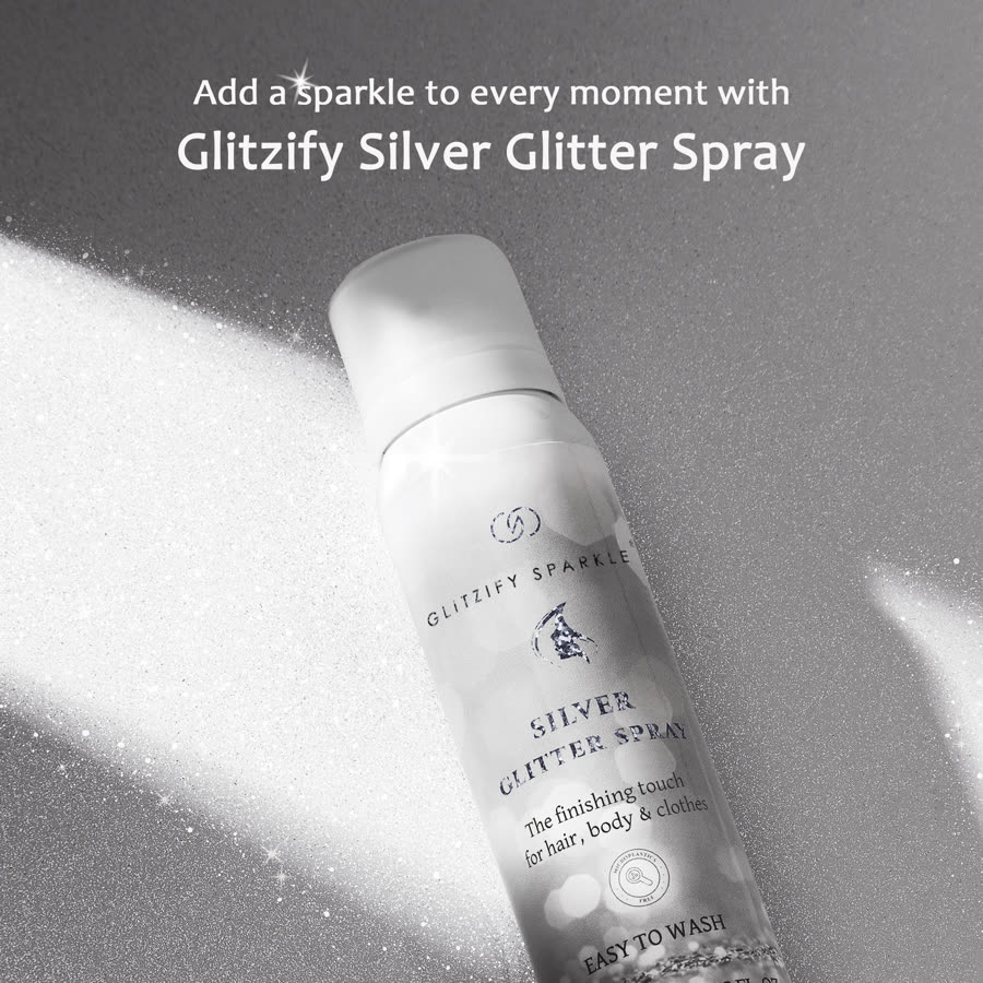 Glitzify Silver Glitter Spray bottle sparkling on glitter surface